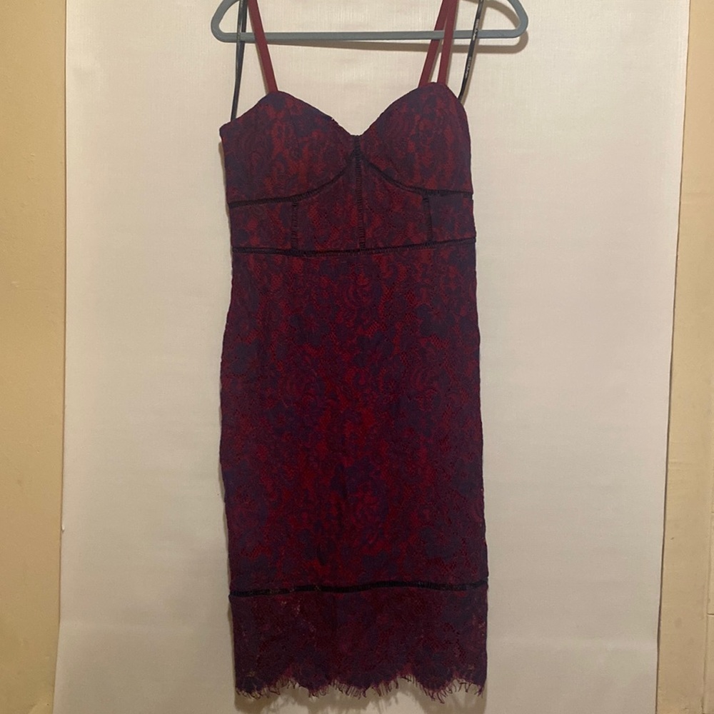 Guess maroon and navy lace sheath dress, size 8
